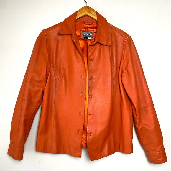Sold‼️Vintage Orange Button Front Leather Shirt Jacket 70's - Picture 3 of 14